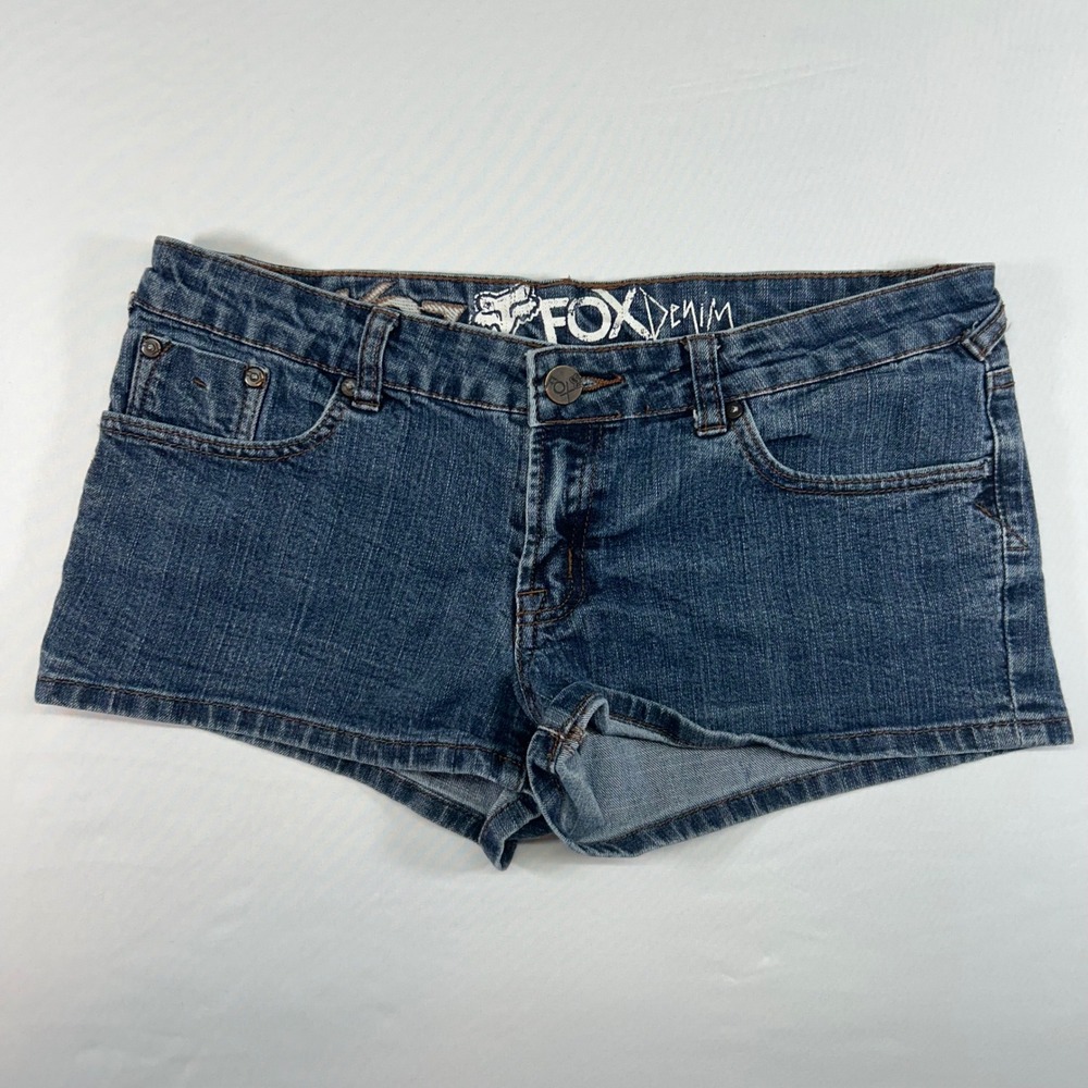 Fox Racing Womens Dark Wash Denim Shorts Embroidered Size 9 Waist 30 Low Rise